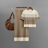 Fashion Knitted T-shirt+Elastic Waist Midi Skirt 2-piece Set New Spring/Summer Women's Suit New O-neck Short Sleeve Pullover Set
