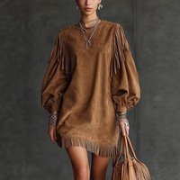 Brown Suede Fringe Dress For Women Long Puff Sleeve Round Neck Loose Casual Western Style Tassel Mini Dress Streetwear