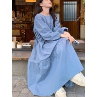 plus Size 300 Pounds Blue Long Fish Tail Dress Casual Loose Belly Covering Slimming Spring Autumn Korean Style round Neck A-L...