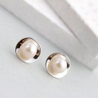 Authentic 925 Sterling Silver Earring Inlaid Natural Freshwater Pearl Geometric Circle Design Simple Modern Women Earstuds