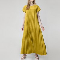 Female O-neck Pocket High Waist Commuting Dress Casual Loose Solid Pullover Dress 2024 New Short Sleeve Pleated Long Dress Mujer