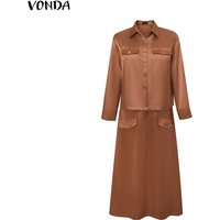2026 VONDA Elegant Women Satin Dress Sets Long Sleeve Shirts and Long Maxi Skirts Spring Casual Loose Solid Streetwear 2PCS Sets