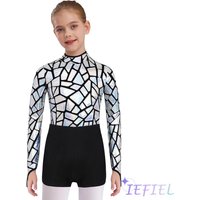 Kids Girls Disco Jazz Dance Jumpsuit Mock Neck Long Sleeve Keyhole Back Leotard for 80s Disco Dance Performance Competition