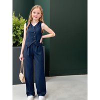Kids Girls 2-Piece Striped V-Neck Button down Vest & Wide Leg Pants Set Elegant Office Style Outfit