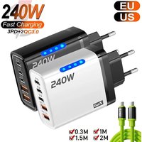 240W GaN Charger 5 Ports USB Fast Charging Phone Charger Power Adapter For iPhone Samsung Xiaomi Type C EU/US Plug Wall Charger