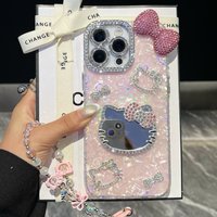 3D Cute Cartoon Sanrio Hello Kitty Glitter Phone Case For iPhone 16 15 14 13 12 11 Pro Max Shockproof Hard Makeup Mirror Cover