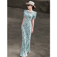 MEXCOCO 2026 Summer Resort Elegant Round Neck Puff Sleeve Watercolor Leaf Print Slim Mermaid Maxi Beach Commuter Dress