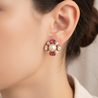 Chic Pearl Rhinestone Earrings - Statement Gold Plated Studs with Pink Crystal, Wedding Party Jewelry Gift