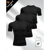 3 pieces MEN's SPORTS compression shirt, stretchy crew neck top, suitable for running, yoga, golf, hiking and outdoor activities