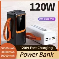 50000mAh 120W Fast Charging Power Bank Built-in Cables Portable Charger High-Capacity for Outdoor Camping Power Supply for