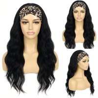 Black 28in Loose Wavy Synthetic Headband Wig Glueless Half Wig With Free Leopard Print Headband For African Women