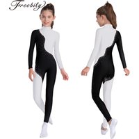 Kids Girls Shiny Rhinestone Figure Skating Gymnastics Leotard Ballet Dance Acrobatics Yoga Bodysuit Long Sleeve Zipper Jumpsuit