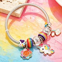 Cute Cartoon Unicorn Rainbow Sun Flower Charm Bracelet Colorful Enamel Bear Paw Butterfly Bead Adjustable Bangle DIY Jewelry
