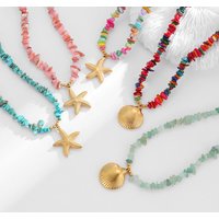 PRISCA | Colored Stone Shell Necklace Stainless Steel Women Charm Beach Jewelry 18k Gold PVD Fashion 2025