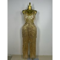 Shiny Gold Rhinestones Sequined Fringe Wide-leg jumpsuit Singer Stage Perform Costume Women Sexy Night Party Club Outfit