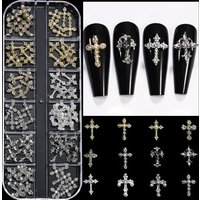 60pcs 12Grid Chic Vintage Cross Nail Art Charms with Diamond y2k Metal Style Alloy Cross Nail Gold Silver Cross Nail Decorations