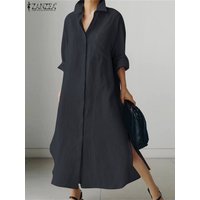 ZANZEA Women Dress Long Sleeve Solid Shirt Sundress Lapel Neck Buttons Vestidos Fashion Loose Maxi Dresses Vintage Robe Femme