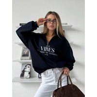 American Preppy-style Retro Letter Printed Sweatshirts Half Zip Turn-down Collar Lapel Shirts Black Leisure College Tops Women