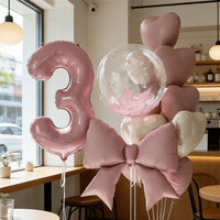 18pcs Pink Birthday Party Combo, 32in Number & 0-9 Foil Balloons, Clear, Matte Pink Bow, Macaron, Cream Heart Balloons Decor