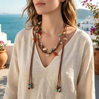 Boho Multilayer Resin Beaded Leather Necklace for Women Vintage Charm Long Necklaces Bohemian Beach Vacation Jewelry