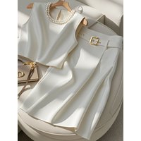 New Two Piece Set Summer High End Temperament Fashion Solid Color O-neck Sleeveless Blouse Crop Top + Elegant Skirt Women's Suit