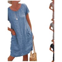 Pure Color round Neck Women's Short Dress Casual A-Line Skirt Polyester Fabric Comfortable Breathable Thin Summer Dress