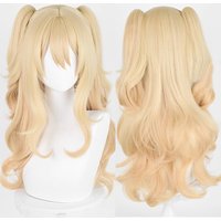 Ombre Blonde lange doppelte Pferdeschwänze, gewellte synthetische Perücke mit Pony, Anime-Spiel, Cosplay, flauschige hitzebeständige Perücke für die tägliche Party
