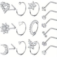 Drperfect 1Pc Surgical Steel Nose Ring Hoops Studs Heart Flower L Shaped Nose Piercing Jewelry