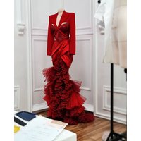 Customized Modern Red Fishtail Evening Gowns Satin Long Sleeves Tulle Ruffles Tiered Skirt Mermaid runway Prom celebrity Dresses