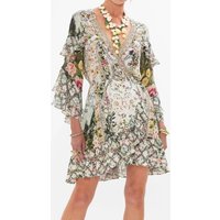 Women 100% Silk Green Dress Floral Print Ruffles Spliced Flare Sleeve V-Neck High Waist Holiday Mini Robe