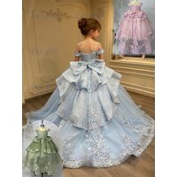 Quality Blue Lace Applique Flower Girl Dress for Wedding Beaded Off Shoulder Girls Pageant Dress Layered Girls Ball Gown Dress