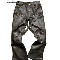 Mauroicardi Spring Autumn Cool Long Distressed Washed Pu Leather Pants for Men Luxury Designer Punk Alternative Fashion Clothes