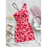 Women's one-shoulder neckline, butterfly print, pleated, asymmetrical sleeveless dress