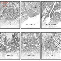 City Map Artwork Poster Paris New York Canvas Painting HD Printed Black and White Map Wall Art Picture Living Room Home Decor
