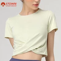 Running T-Shirt Hem Cross Stacking Yoga Shirt for Women Gym Crop Top Sports Tee Short Sleeved High Elastic Yoga Women Activewear