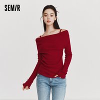 Semir Women Knitwear 2026 Spring New Red Ruffled Swing Collar Fake Two Piece Slim Fit Smart Casual Style Tops