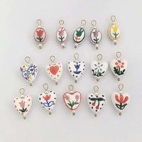 Ceramic Pendant Charm for Necklace Heart Cherry Dot Flower Hand Painting Blue Red Stainless Steel 18K Golden PVD Plated Elegant