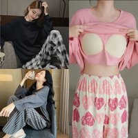 Women's Pajamas Big Size 2PCS Set Chest Pads Spring Autumn and Winter Long-Sleeved Headset Loose Homewear Can Be Worn Outside