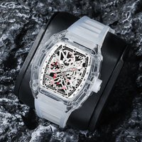 High-End Luxury Brand Style Barrel-Shaped Men's Quartz Watch with Transparent Crystal Case, Skeleton Design, Comfortable Sports Silicone Strap, Business Casual, Versatile Men's Hot-Selling Watch
