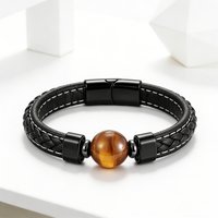 Men's Natural Stone Leather Bracelet Tiger Eye Lava Stone Stainless Steel Magnetic Clasp Bangle Fashion Vintage Jewelry For Men