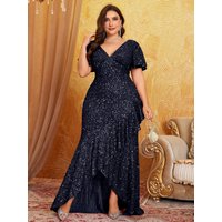UNITHORSE Plus Size Front & Back V-Neck Flare Sleeve Uneven Ruffle Hem Elegant Glitter Formal Dress, Party Dress