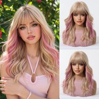 ALAN EATON Natural Looking Ombre Blonde and Pink Mixed Color Long Curly Wig Soft Synthetic Hair with Bangs Heat Resistant Fiber