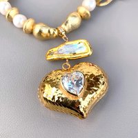 Y·YING Cultured White Potato Pearl Matte Finish Beaded Choker Necklace Biwa Pearl Cz Heart Pendant Women Jewelry