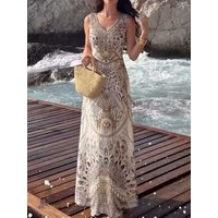 Retro Print Women's 100% Silk Long Dress 2026 Summer Heavy Beaded V-Neck Sleeveless High Waist Elegant Female Dresses