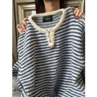 YIBASHU Winter Women's Blue O-Neck Sweater Korean Long Sleeve Striped Vintage Y2K 2000s Jumper Thick Knitwear Oversize Pullovers
