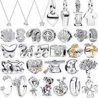 S925 Silver Plated Charm Bead Pendent Necklace Owl Shell Snake Hourglass Flower Clover Whistle Camera Star Moon Rose Gem Jewelry