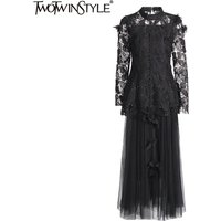 TWOTWINSTYLE Solid Two Piece Sets For Women Stand Collar Long Sleeve Embroidery Tops High Waist Mesh Skirt Fashion Set Female