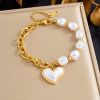 Stainless Steel Chain Elegant Irregular Imitation Pearl Heart Pendant Bracelet Lady Trend Waterproof Jewelry Gift