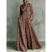 Leopard Print High Neck Shirt Maxi Dress Long Sleeves Buttoned Pleated A Line Pocketed Summer Casual Outfits Long Summer Dress