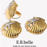 E.B.belle Ocean Style Mix Color Starfish Scallop Pearl Jewelry Set 18K Gold Plated Stainless Steel Summer Beach Earring Ring